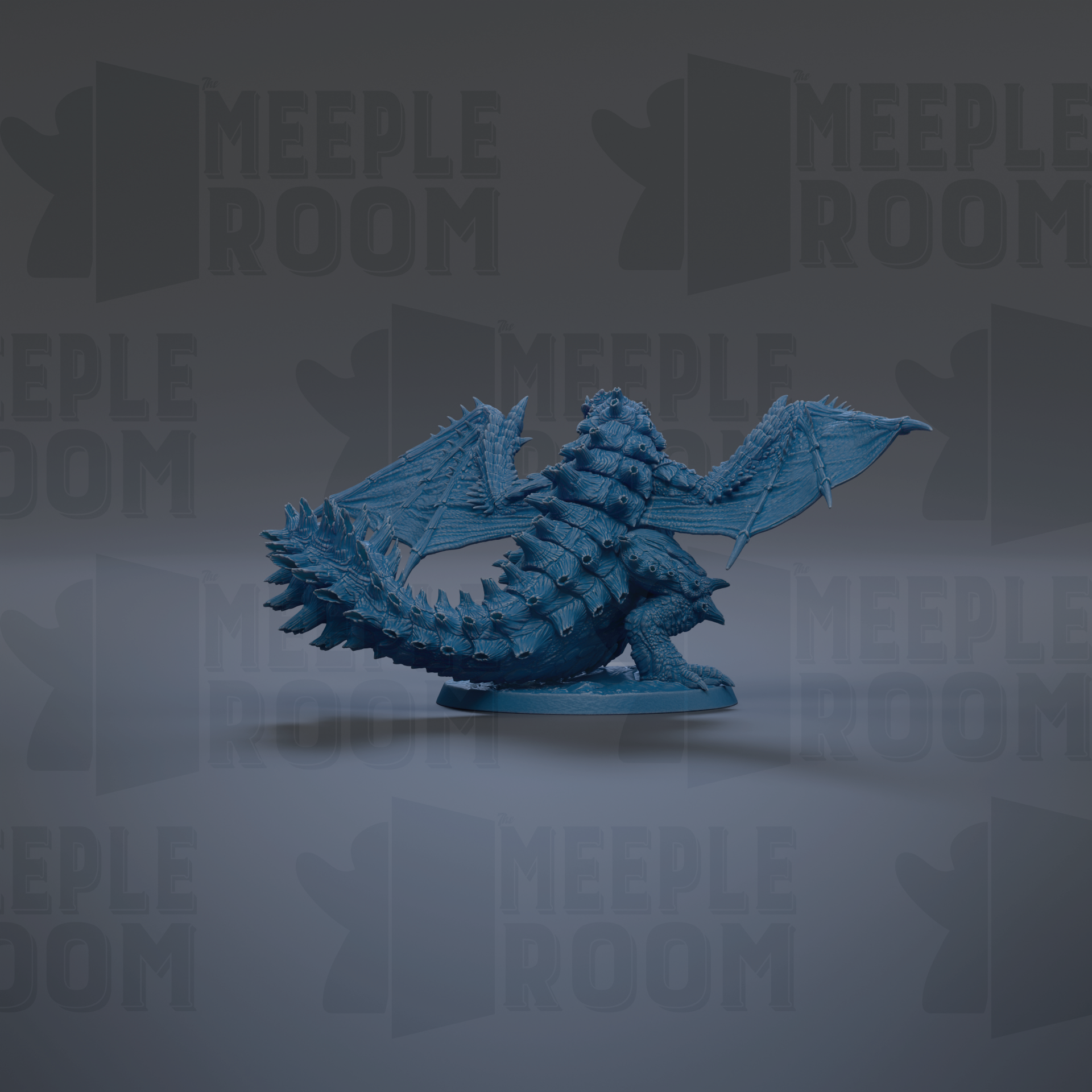 A blue dragon figurine is shown against a dark background with repeated text.