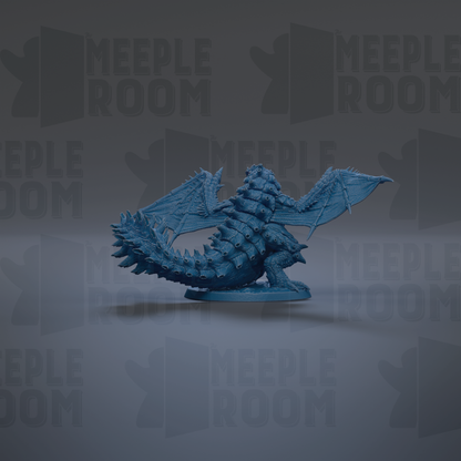 A blue dragon figurine is shown against a dark background with repeated text.
