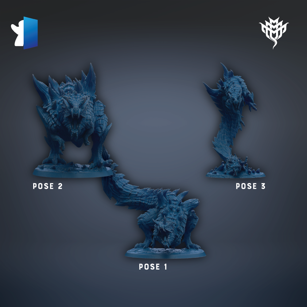 three blue figurines of fantastical creatures, each with a different pose, arranged against a dark background.