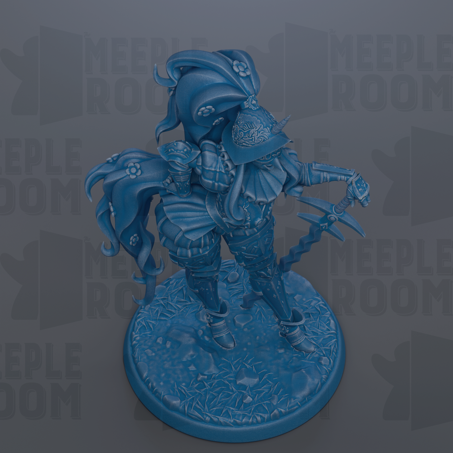 A blue figurine of a knight-like character with a helmet, sword, and other armor-like accessories, standing on a base.