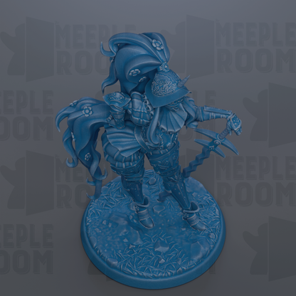 A blue figurine of a knight-like character with a helmet, sword, and other armor-like accessories, standing on a base.