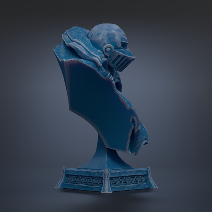 A blue, 3D-rendered statue of a knight in armor, standing on a pedestal with intricate designs.