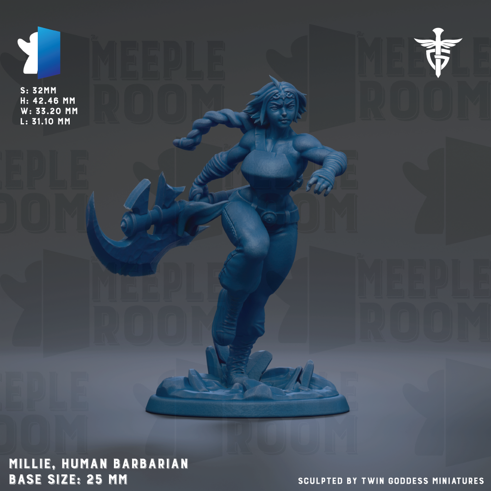 A figurine of a female character, likely a human barbarian, in a dynamic pose with a sword in her hand. The figurine is described as a base size of 25mm and is sculpted by Twin Goddess Miniatures.