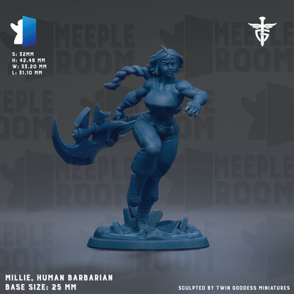 A figurine of a female character, likely a human barbarian, in a dynamic pose with a sword in her hand. The figurine is described as a base size of 25mm and is sculpted by Twin Goddess Miniatures.