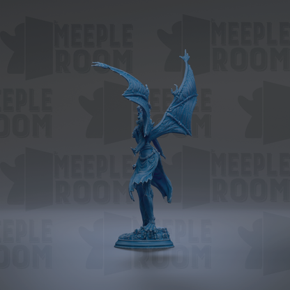A blue statue of a winged figure with a flowing dress stands against a dark background with repeated text.