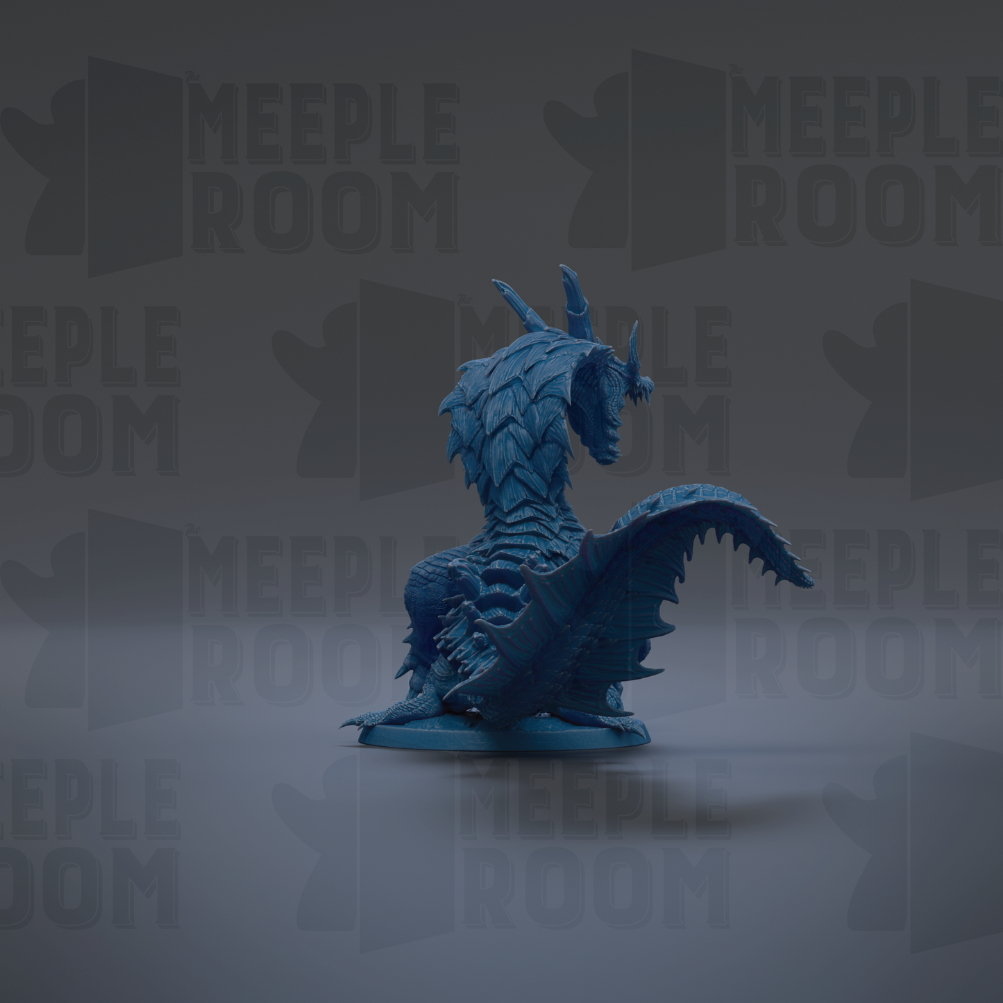 A blue, 3D-rendered dragon figurine is shown against a dark background with repeated text.