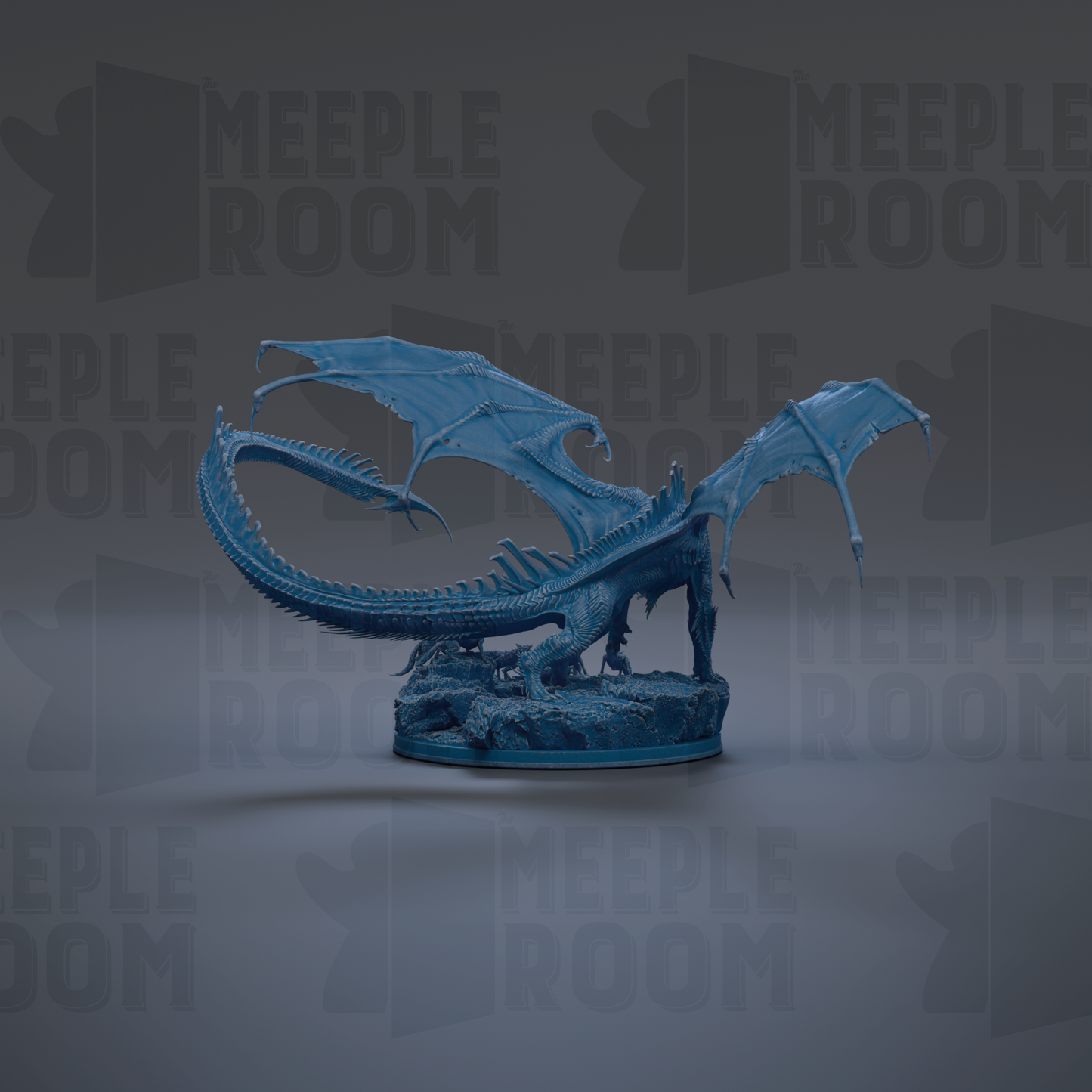 A blue dragon figurine is displayed against a dark background with repeated text.