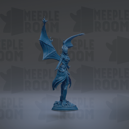 A blue figurine of a winged, winged creature with a flowing dress stands on a pedestal against a dark background with repeated text.