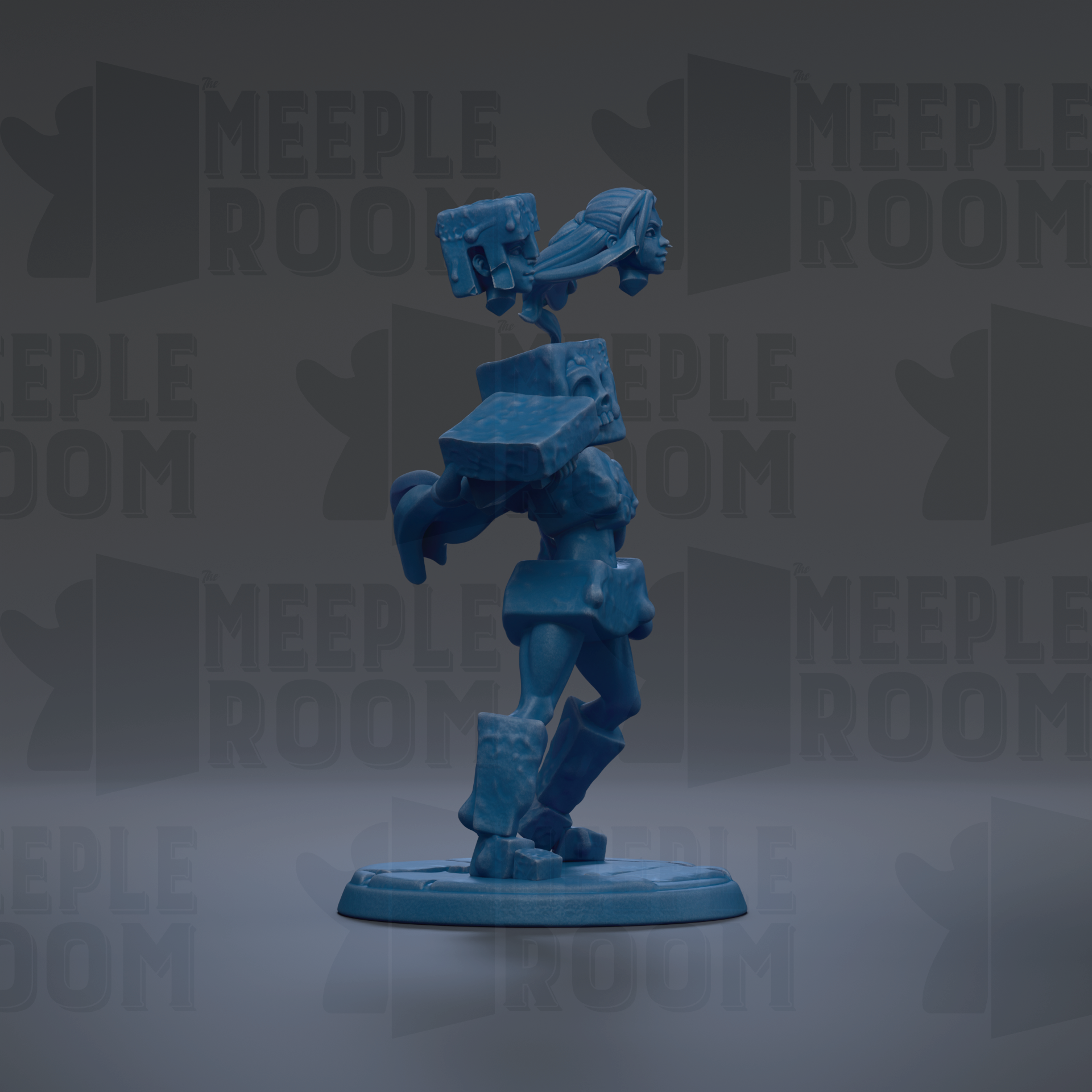 A blue figurine of a human-like character with a head and arms, standing on a base and facing to the right.