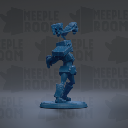 A blue figurine of a human-like character with a head and arms, standing on a base and facing to the right.