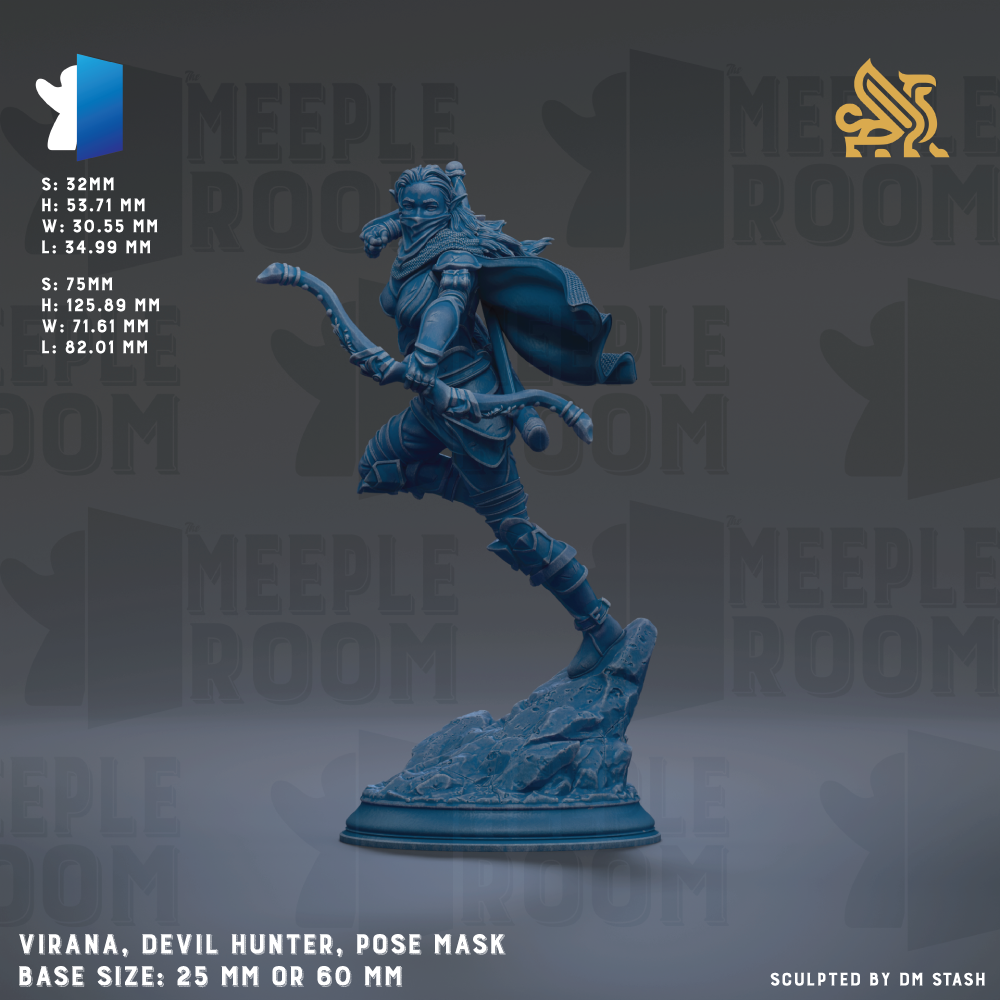 The image is a figurine of a character named Virana, who is a Devil Hunter. The figurine is posed in a dynamic, action-packed stance, with a mask covering its face. The base size of the figurine is either 25mm or 60mm, depending on the perspective. The image is a sculpture of Virana, and it is presented against a dark background with the text "MEIPLLE ROOM" repeated throughout.