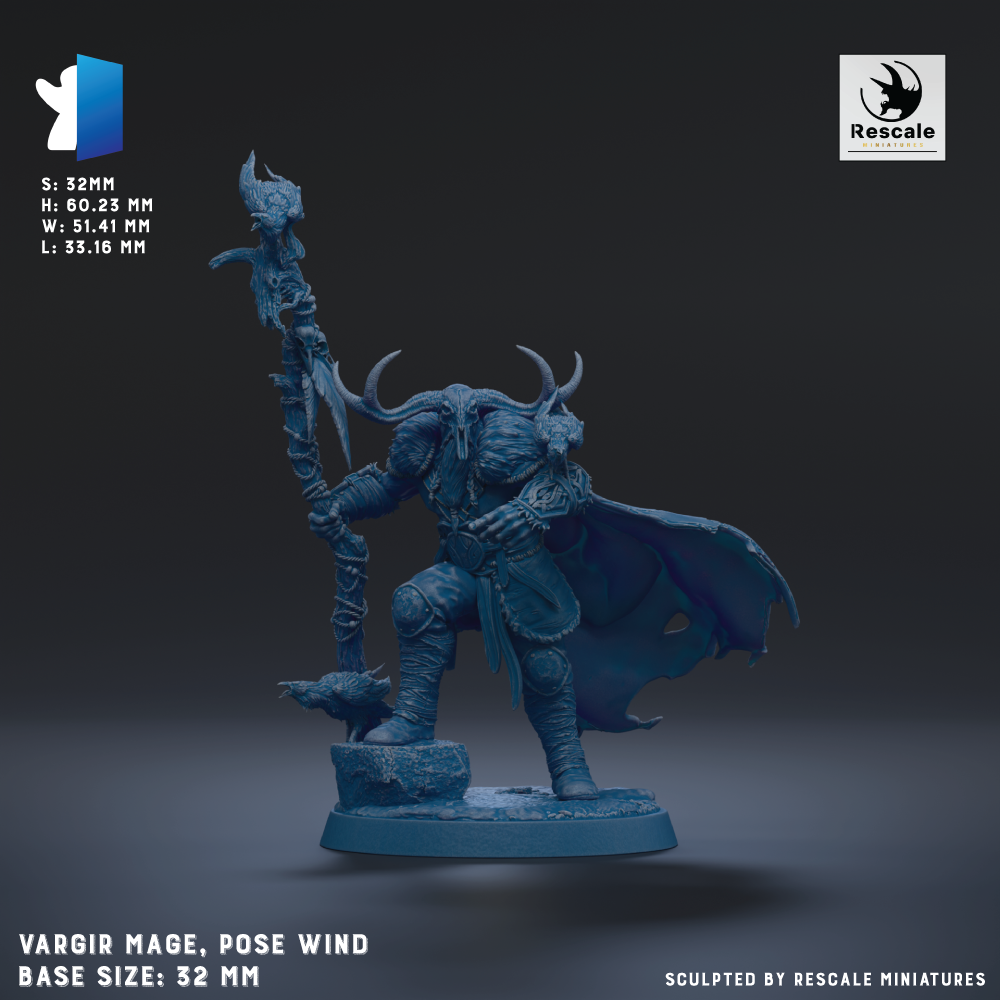A 3D model of a character with horns and a staff, standing on a base and holding a staff. The character appears to be a warrior or knight figure, with a cape and a shield. The image is described as a "Vargir Mage, pose wind" and is shown in 3D.