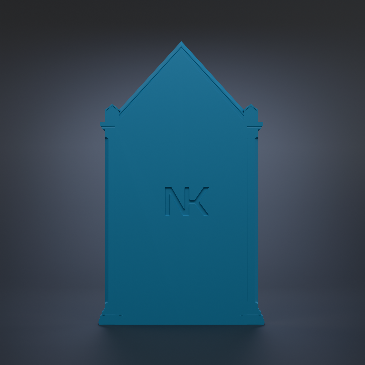 A blue, triangular-shaped structure with the letters "NK" prominently displayed in the center.