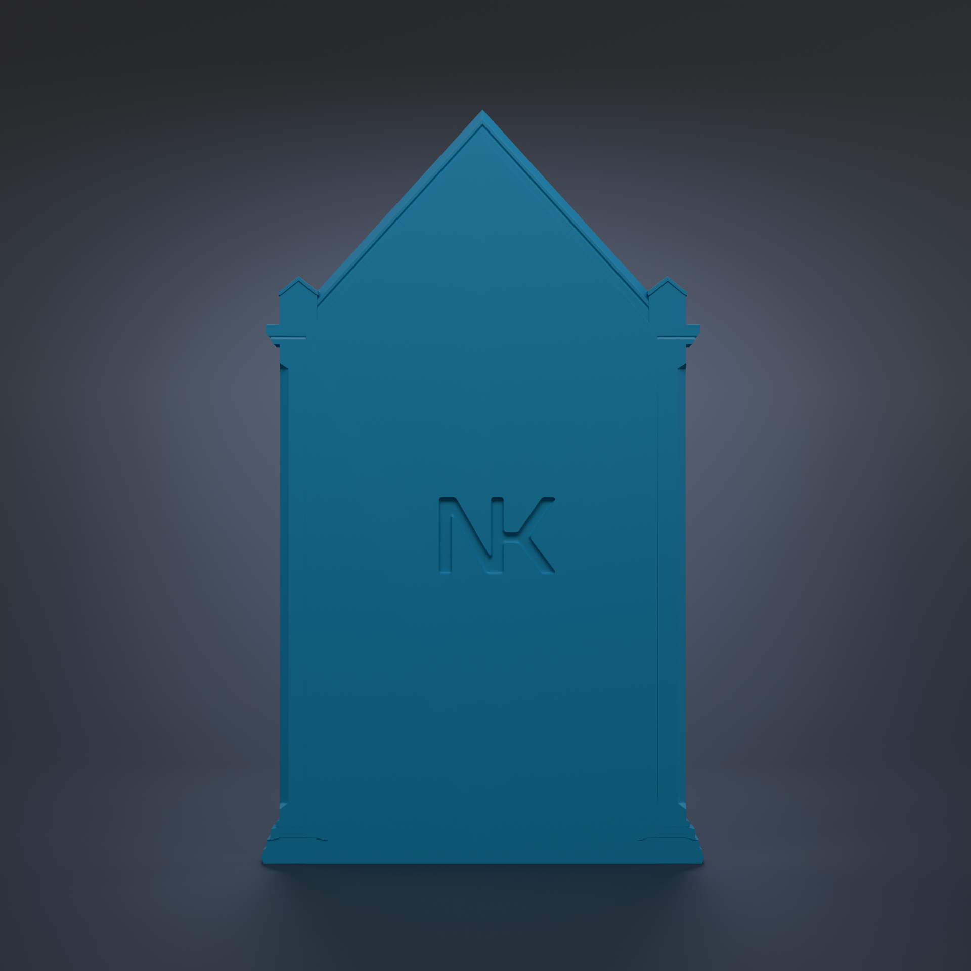 A blue, triangular-shaped structure with the letters "NK" prominently displayed in the center.