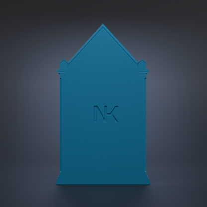 A blue, triangular-shaped structure with the letters "NK" prominently displayed in the center.