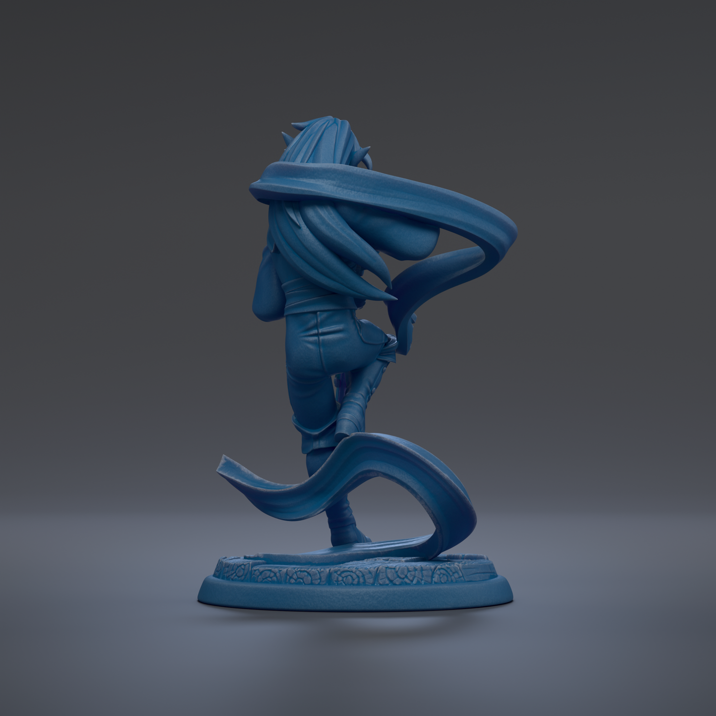 A blue statue of a person with long hair, standing on a base with a flowing design, against a dark background.