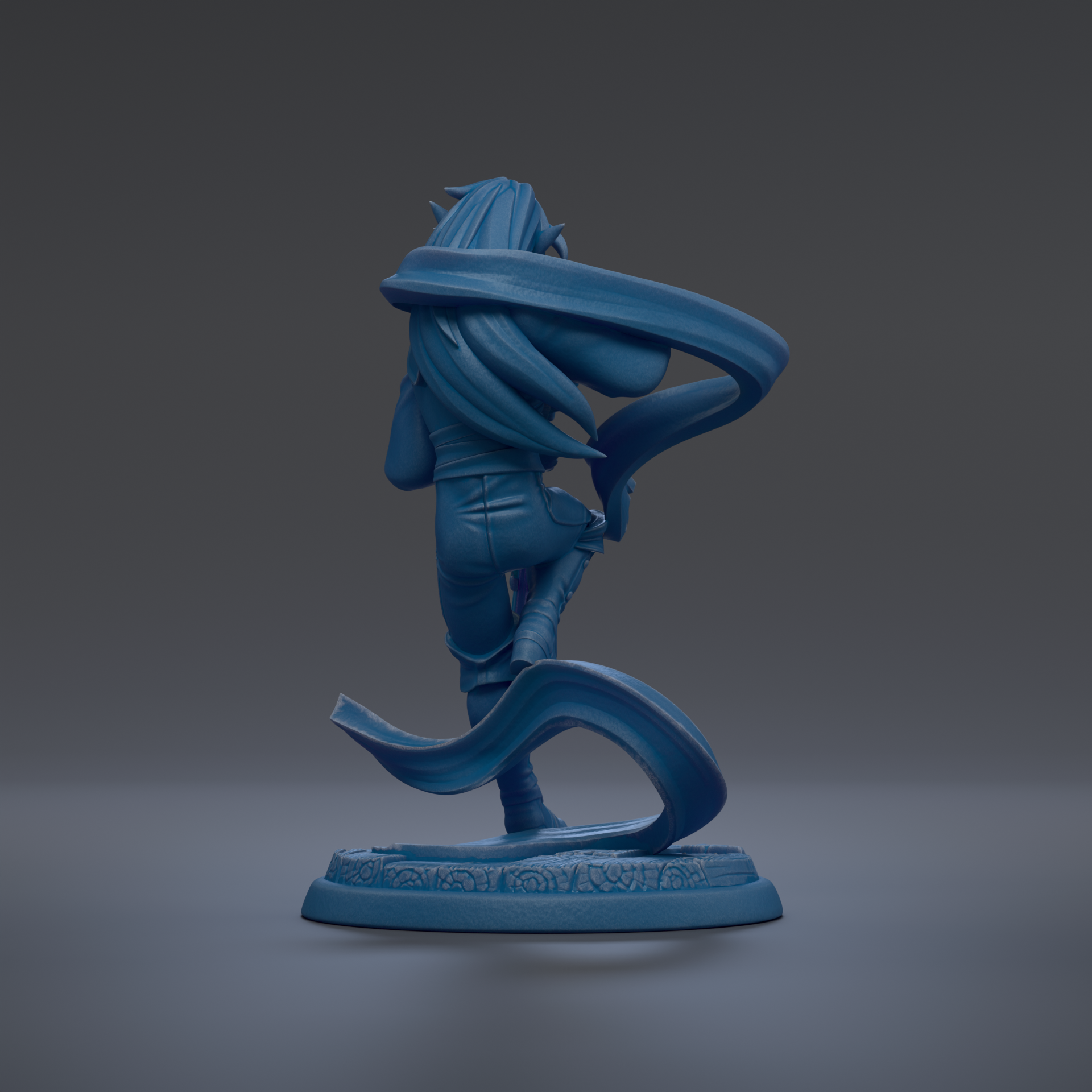 A blue statue of a person with long hair, standing on a base with a flowing design, against a dark background.