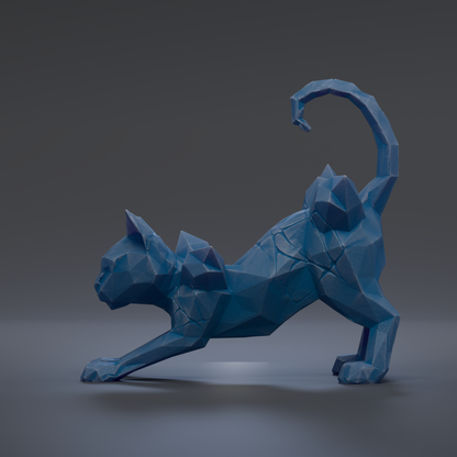 A 3D rendering of a blue, geometric cat sculpture with a curved tail and raised front paws, set against a dark background.
