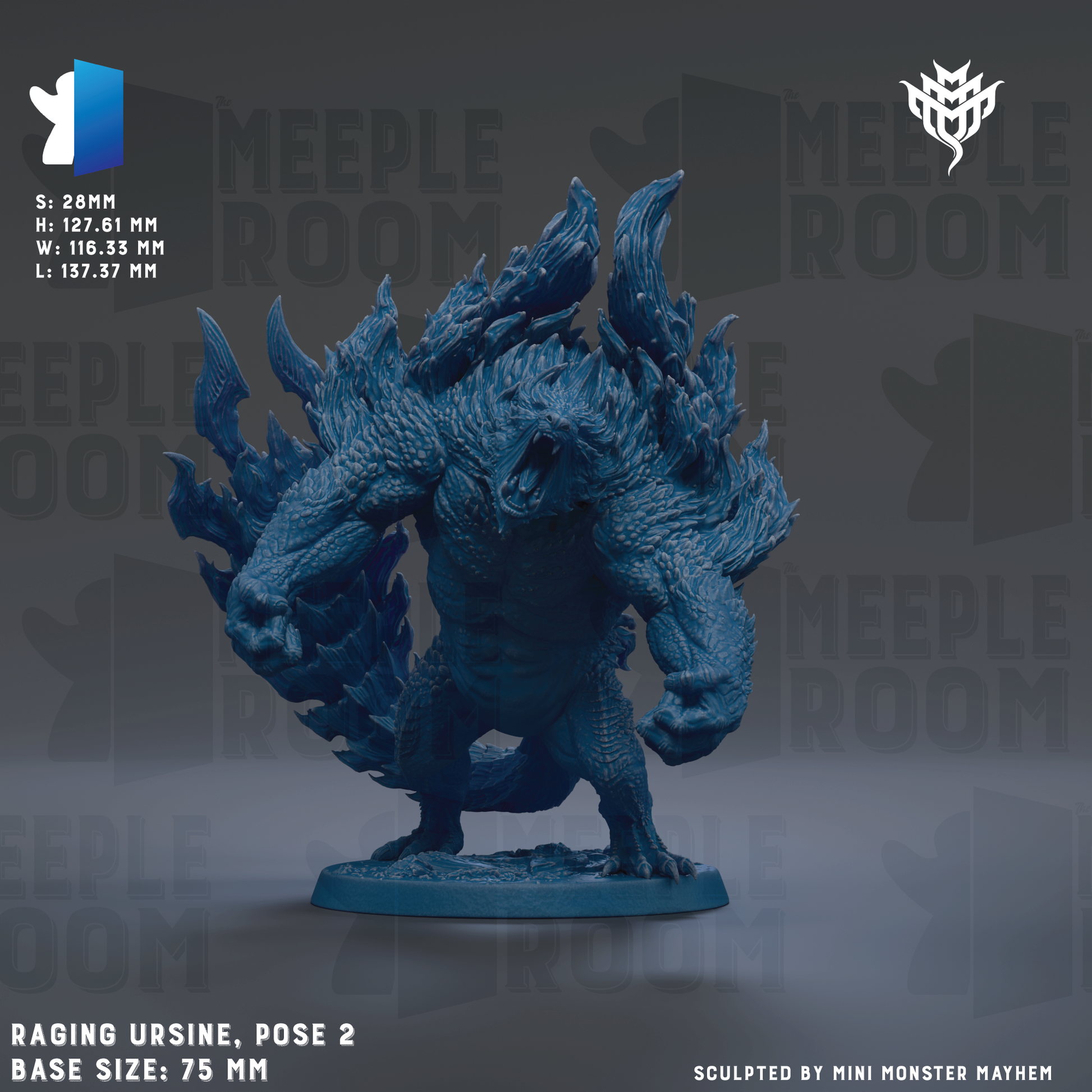 a large, detailed, and intricate blue monster figurine, which appears to be a representation of a monster or dragon. The figurine is posed in a fighting stance, with its mouth open and claws extended, giving it a fierce and menacing appearance. The image is described as a "Raging Ursin, Pose 2" and is shown in a base size of 75 mm. The image is a collage of multiple images, and it is described as being "sculpted by Mini Monster Mayhem".