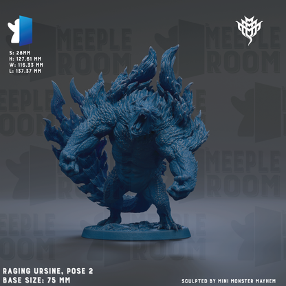 a large, detailed, and intricate blue monster figurine, which appears to be a representation of a monster or dragon. The figurine is posed in a fighting stance, with its mouth open and claws extended, giving it a fierce and menacing appearance. The image is described as a "Raging Ursin, Pose 2" and is shown in a base size of 75 mm. The image is a collage of multiple images, and it is described as being "sculpted by Mini Monster Mayhem".