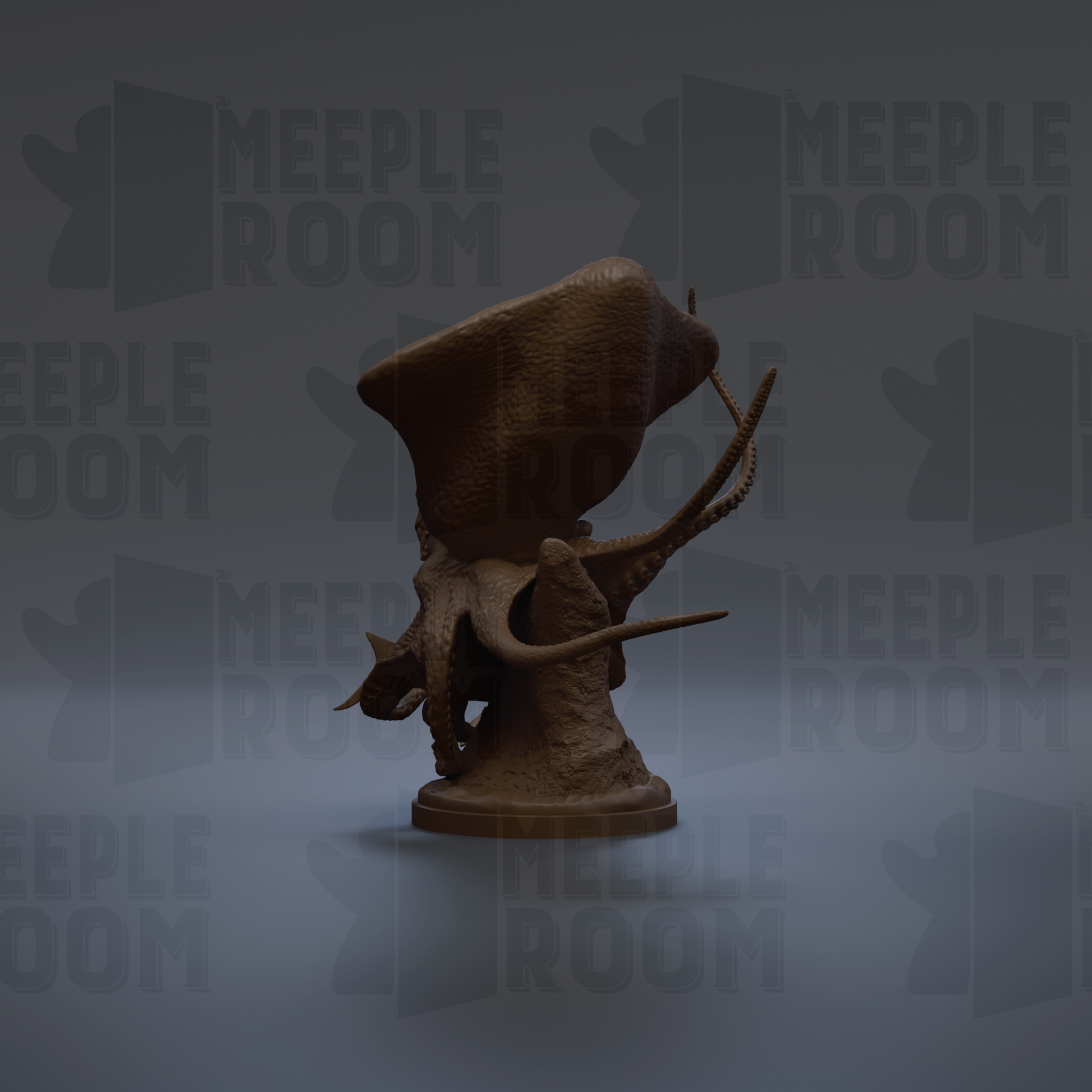 a dark brown, sculpted object resembling a fish or sea creature, standing on a pedestal against a dark background with repeated text.