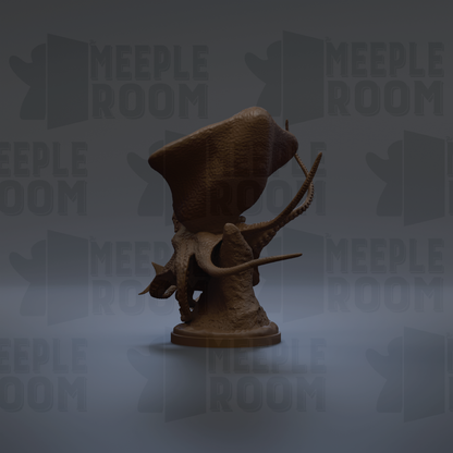 a dark brown, sculpted object resembling a fish or sea creature, standing on a pedestal against a dark background with repeated text.