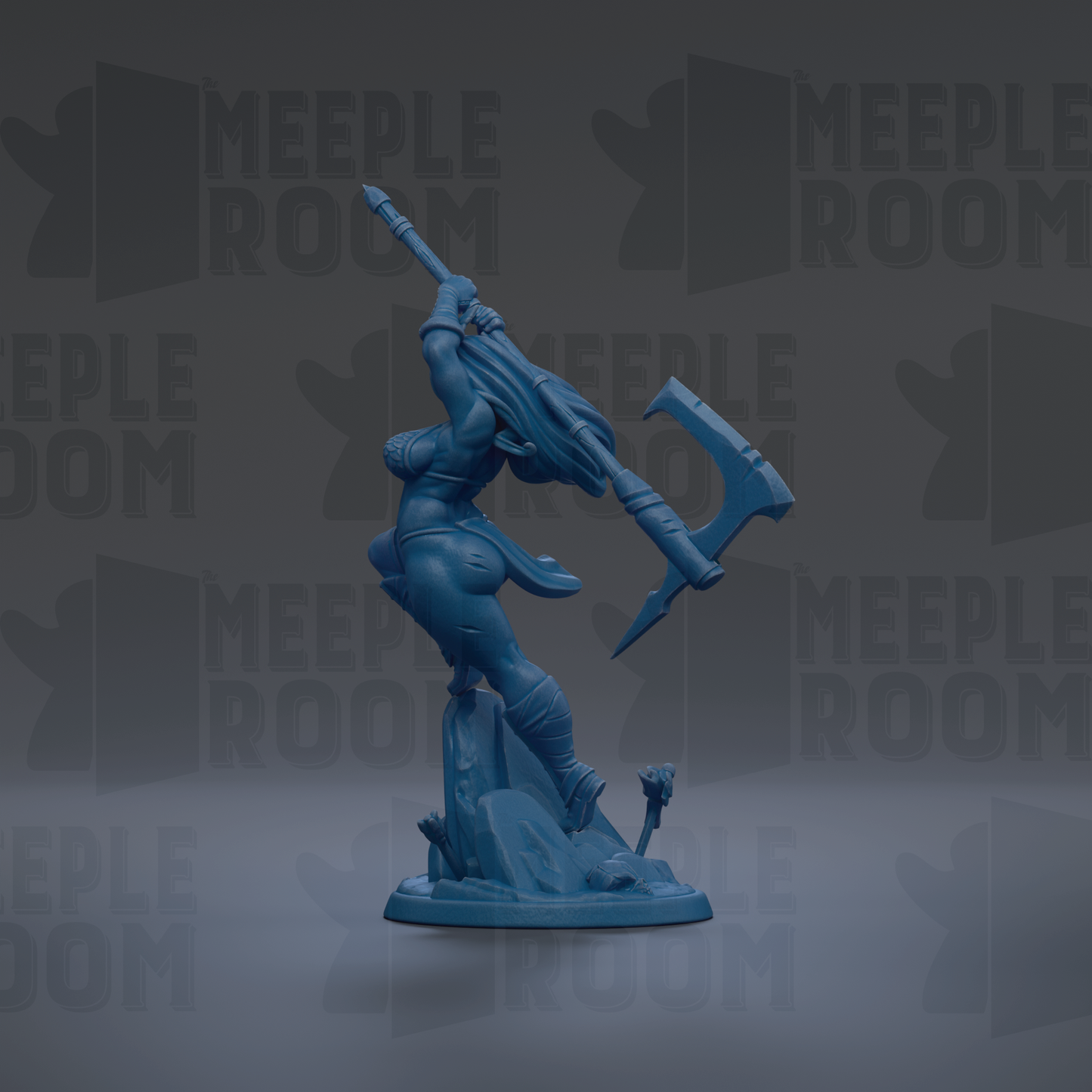 A blue figurine of a female warrior wielding a large weapon, standing on a rock formation against a dark background with repeated "MEIPLE ROOM" text.