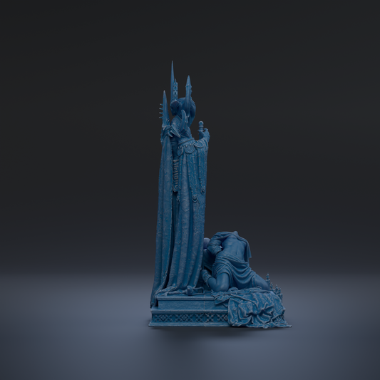 A dark blue statue of a figure standing on a pedestal, with a smaller figure kneeling in front of it.