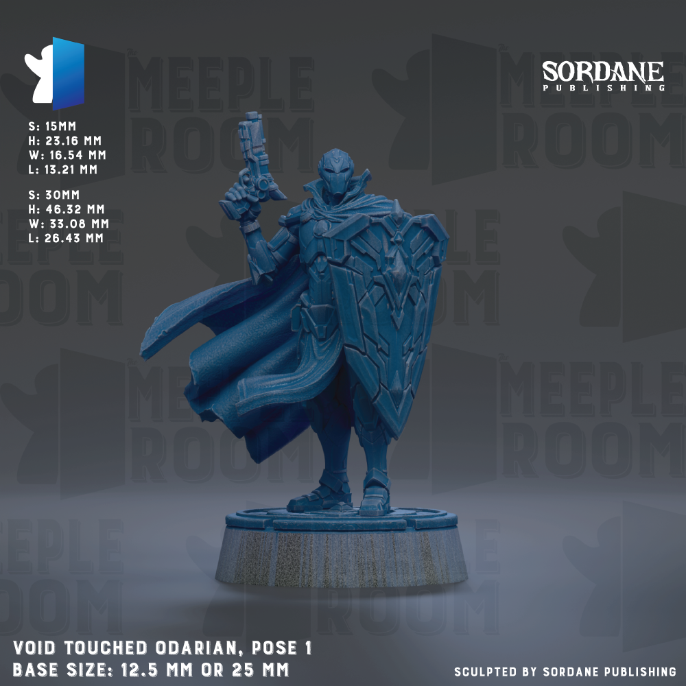a blue armored figure holding a shield, standing on a base. The figure is described as a "VOID TOUCHED ODARIAN, pose 1" and is shown in various sizes, including "5:15mm", "H:25.16 mm", "L:15.21 mm", "W:25.21 mm", "L:26.46 mm", and "25 MM". The base size is either "12.2 mm" or "25 mm". The image is described as a "MEEPLE ROOM" and is published by Sordane Publishing.