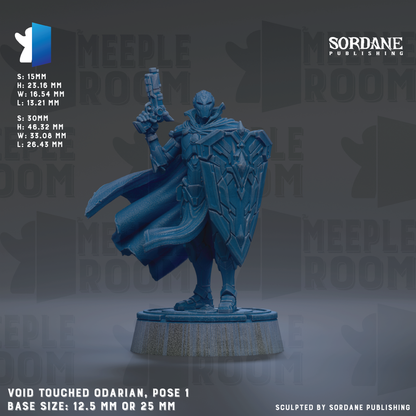 a blue armored figure holding a shield, standing on a base. The figure is described as a "VOID TOUCHED ODARIAN, pose 1" and is shown in various sizes, including "5:15mm", "H:25.16 mm", "L:15.21 mm", "W:25.21 mm", "L:26.46 mm", and "25 MM". The base size is either "12.2 mm" or "25 mm". The image is described as a "MEEPLE ROOM" and is published by Sordane Publishing.