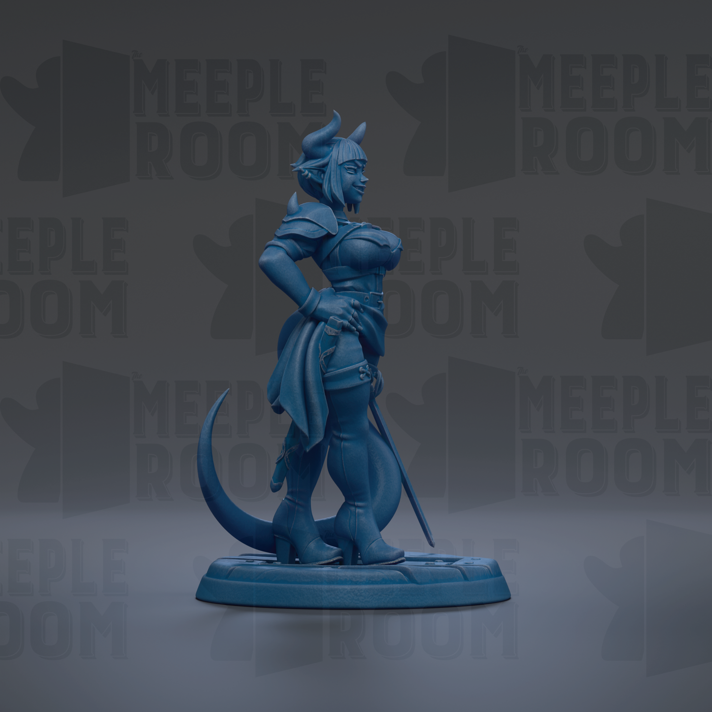A blue figurine of a woman with horns, standing on a platform and holding a sword.