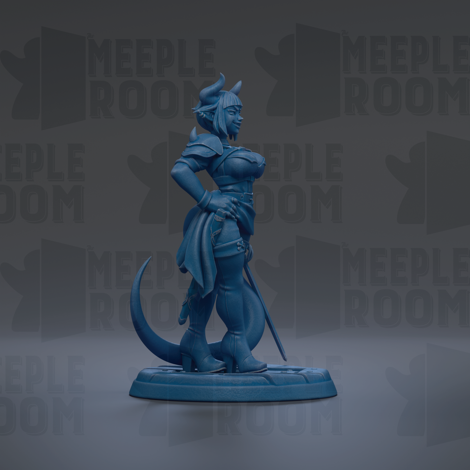 A blue figurine of a woman with horns, standing on a platform and holding a sword.
