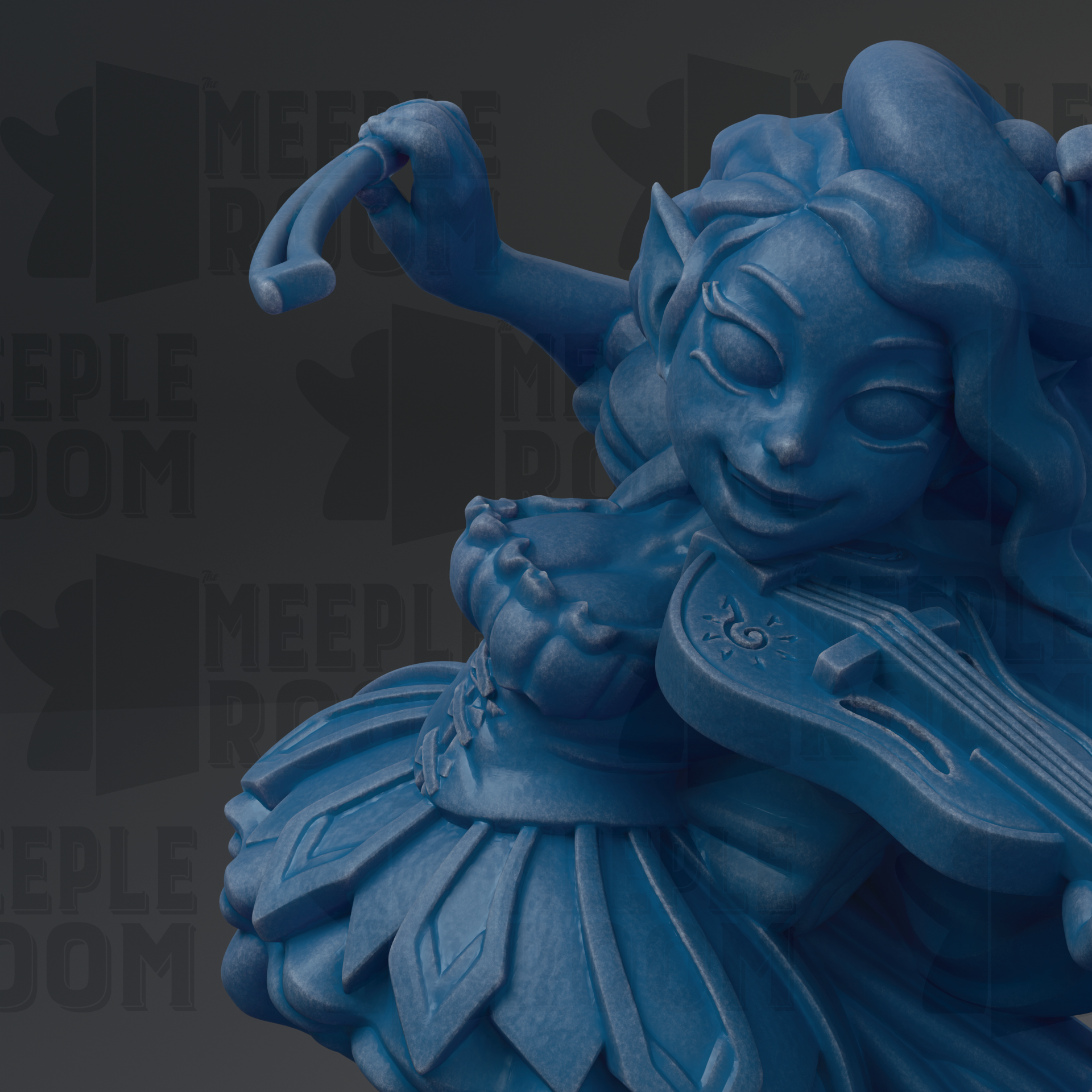 A blue, 3D-rendered statue of a female character playing a musical instrument, such as a violin or flute.