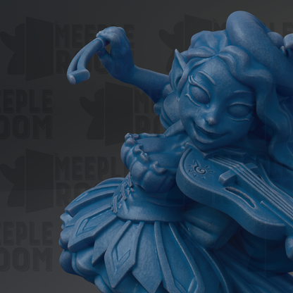 A blue, 3D-rendered statue of a female character playing a musical instrument, such as a violin or flute.