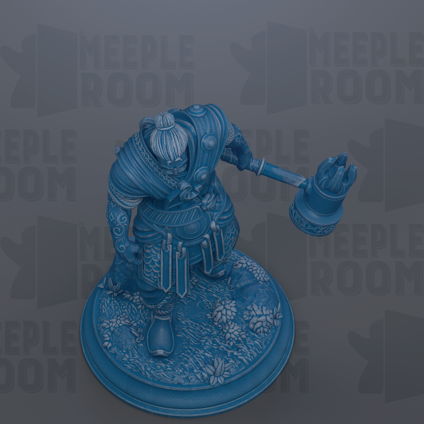 A blue figurine of a warrior figure holding a shield and sword, standing on a base with a floral design.