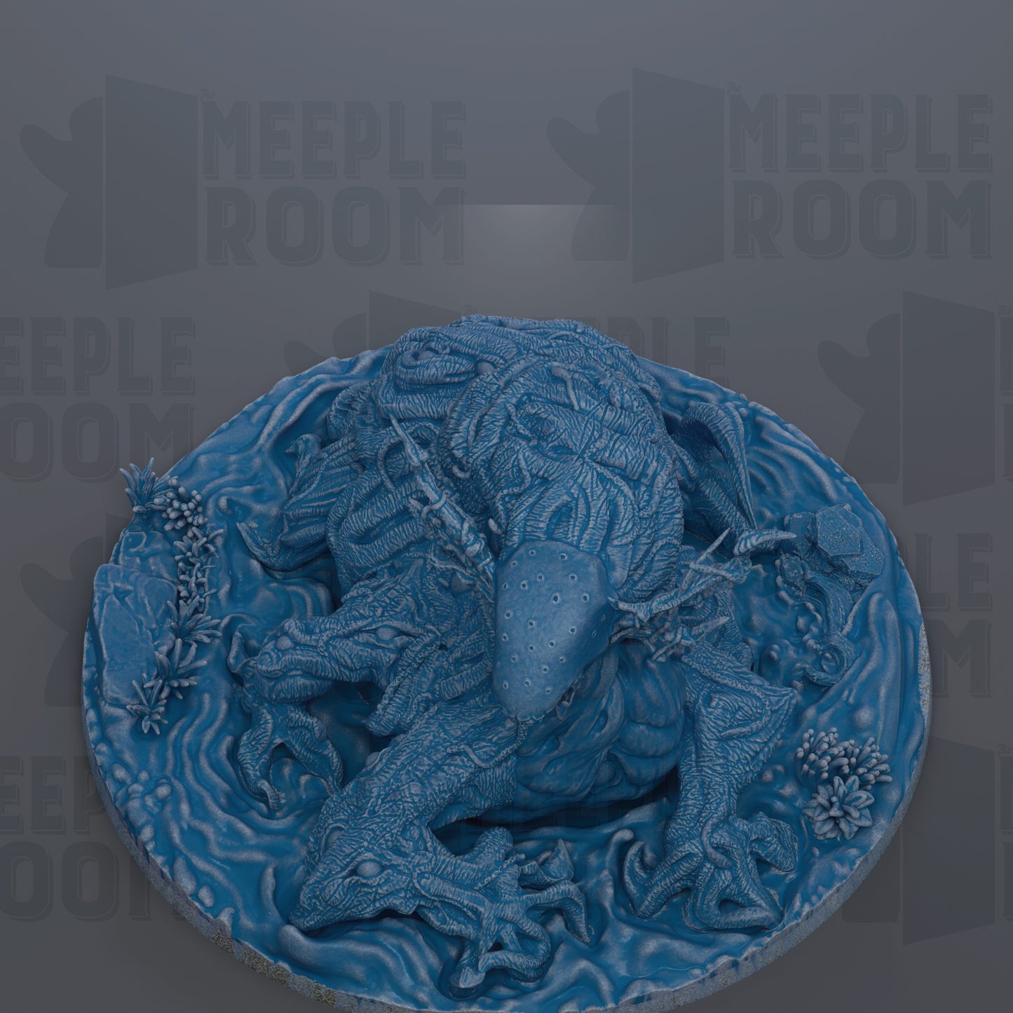 A 3D rendering of a blue, organic-looking creature with intricate patterns and textures, sitting on a circular base.