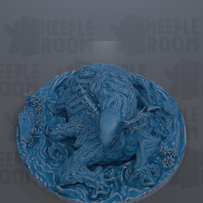 A 3D rendering of a blue, organic-looking creature with intricate patterns and textures, sitting on a circular base.