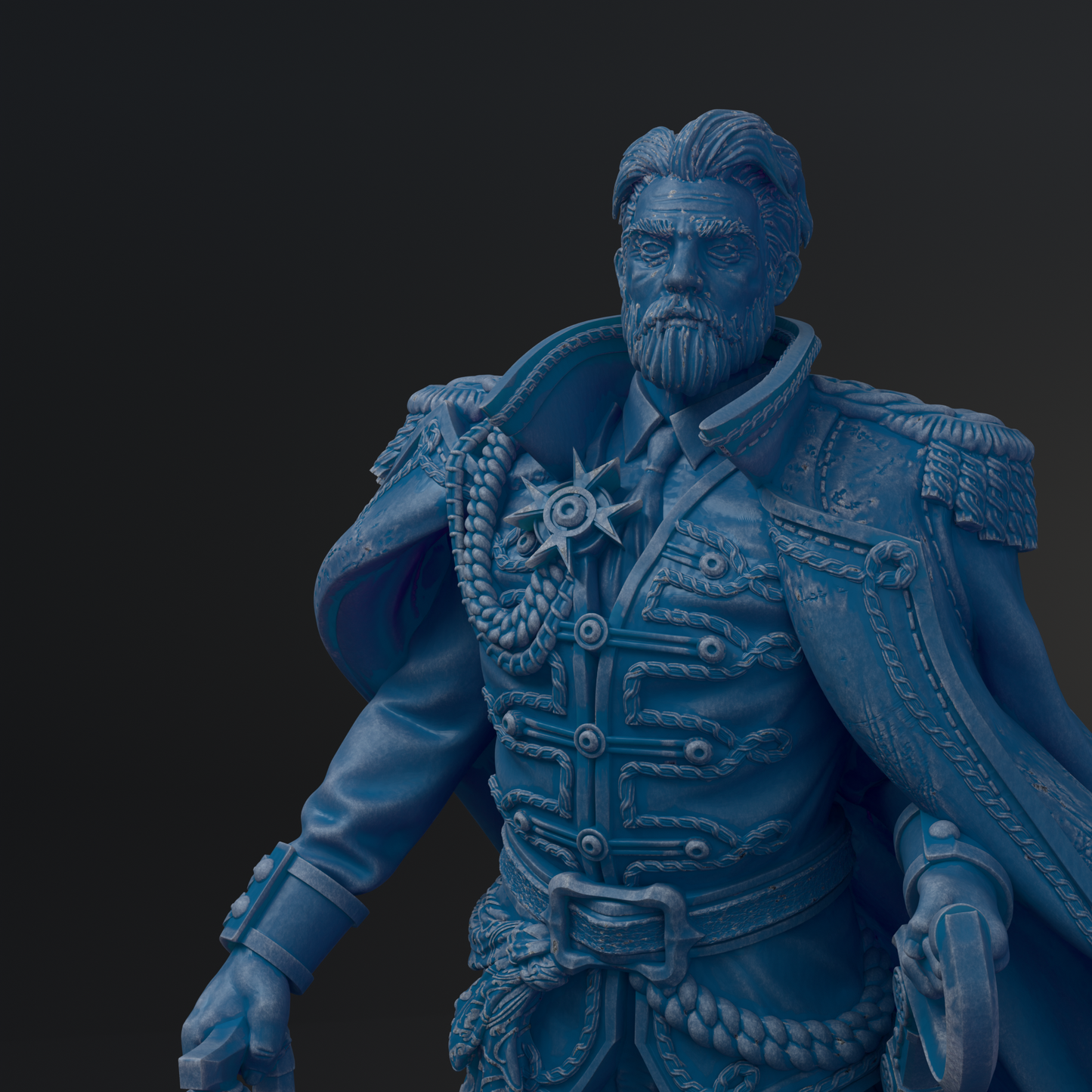 A detailed 3D rendering of a blue-colored statue depicting a man with a beard and mustache, wearing a military-style uniform with decorative elements.