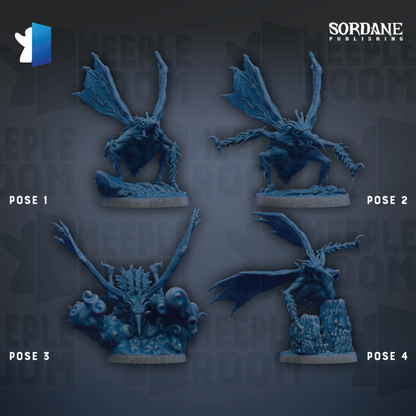 four different poses of a blue dragon figurine, each with a unique pose and expression.