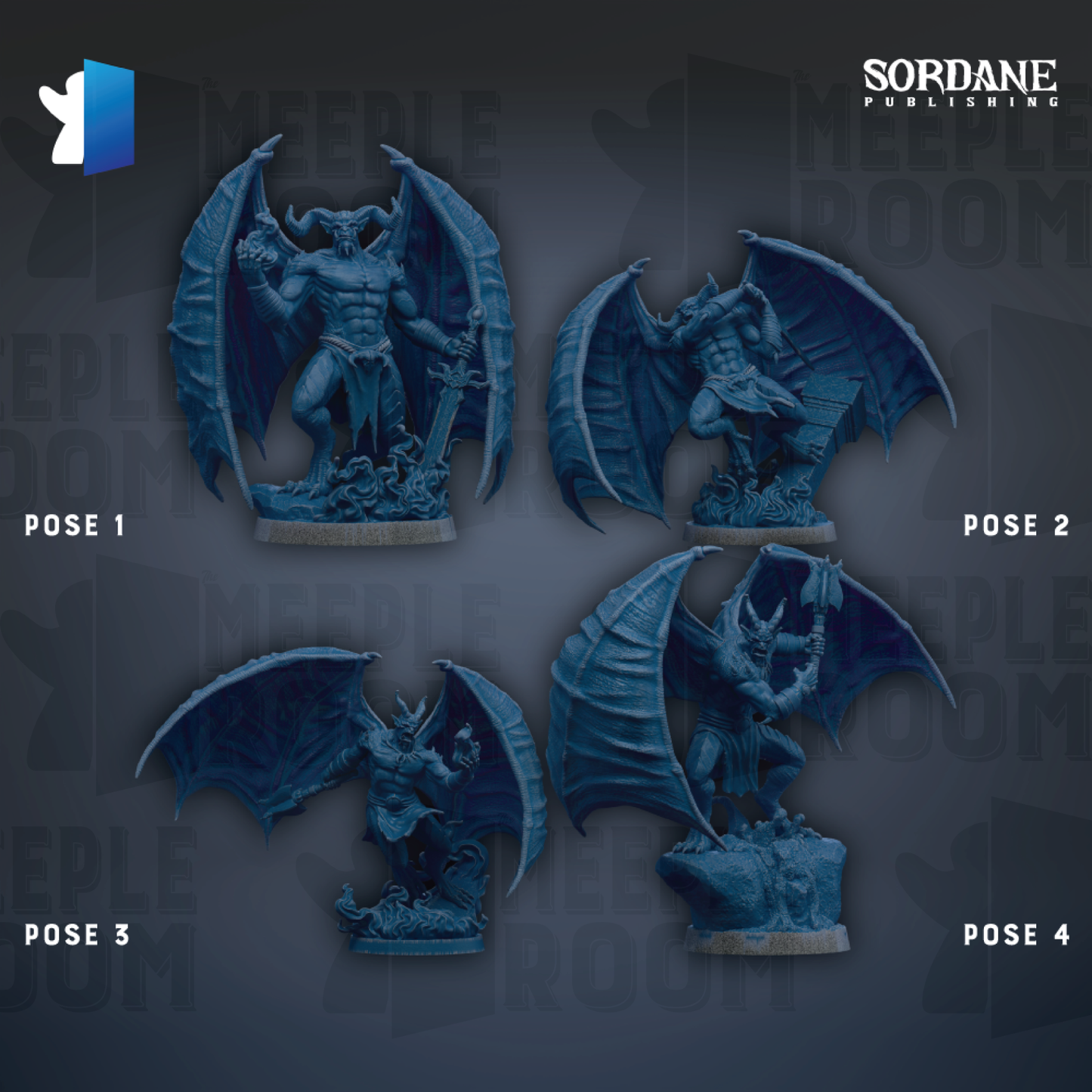 four dark blue, winged figurines with horns, each in a different pose, arranged in a grid-like pattern against a dark background.