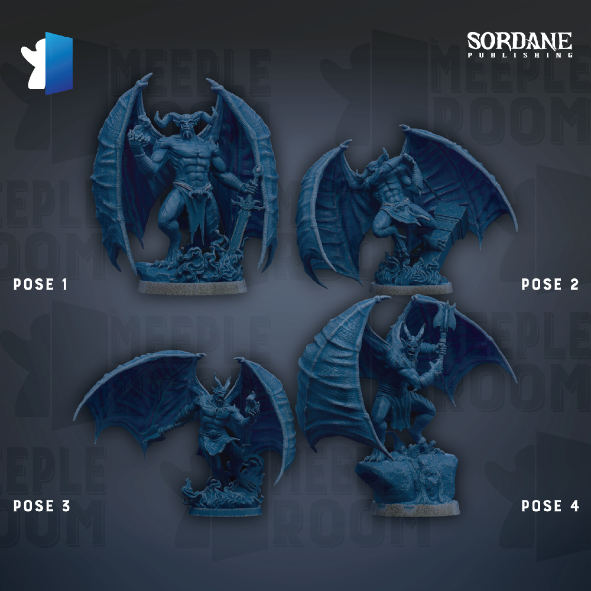 four dark blue, winged figurines with horns, each in a different pose, arranged in a grid-like pattern against a dark background.