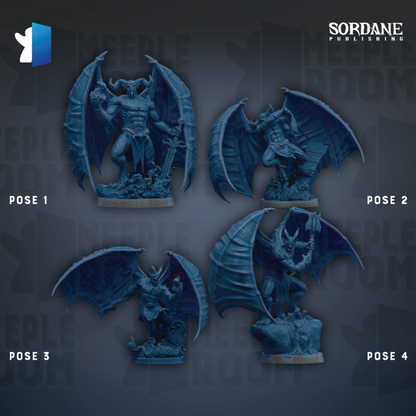 four dark blue, winged figurines with horns, each in a different pose, arranged in a grid-like pattern against a dark background.