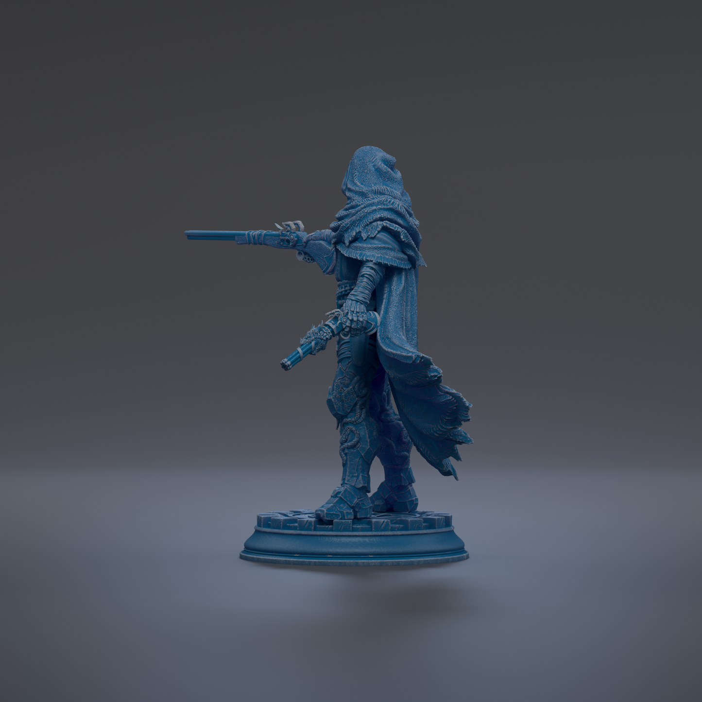A blue statue of a person holding a gun and wearing a hooded cloak stands on a pedestal against a dark background.