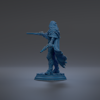 A blue statue of a person holding a gun and wearing a hooded cloak stands on a pedestal against a dark background.
