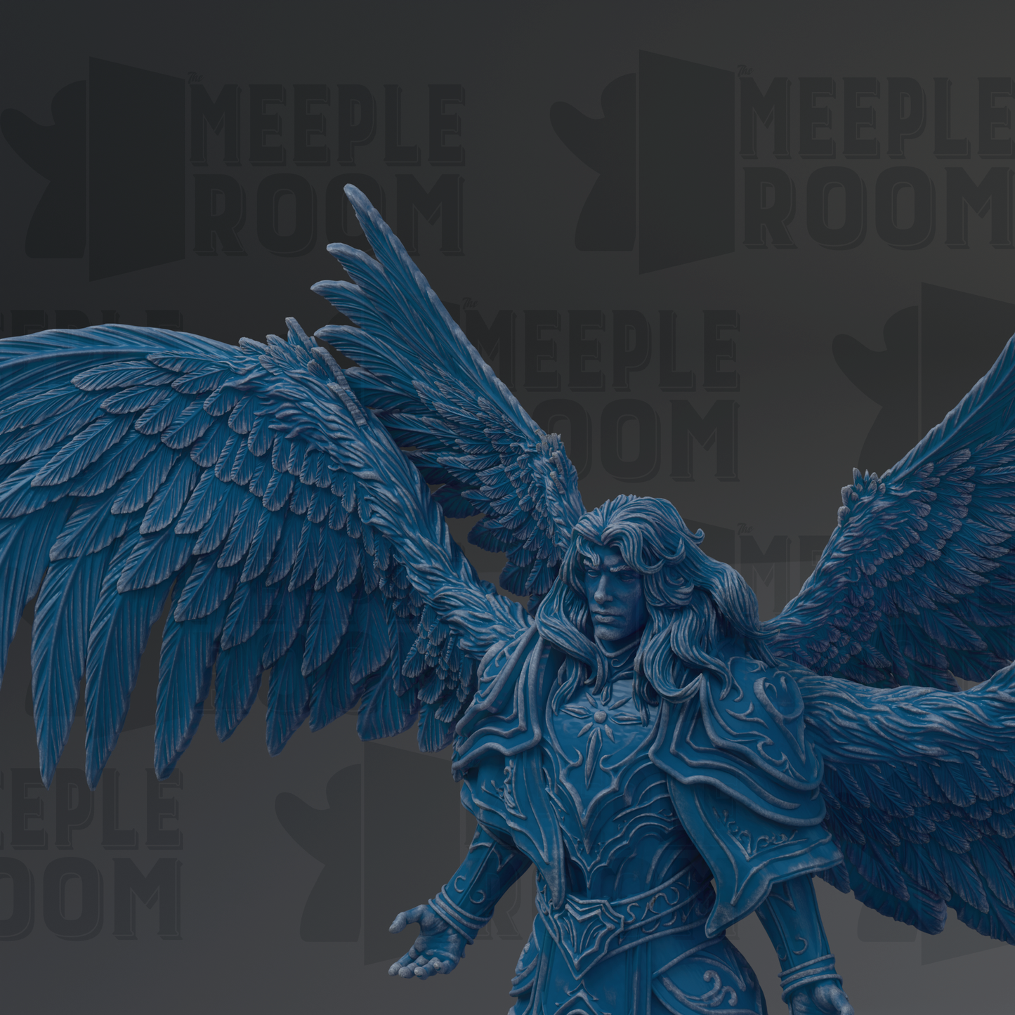 A detailed 3D rendering of a winged figure with intricate details, including feathers and armor, set against a dark background with repeated text.