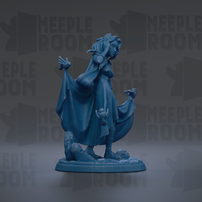 A blue figurine of a woman with flowing hair and a flowing cape, standing on a base with a bird perched on it, against a dark background with repeated text.