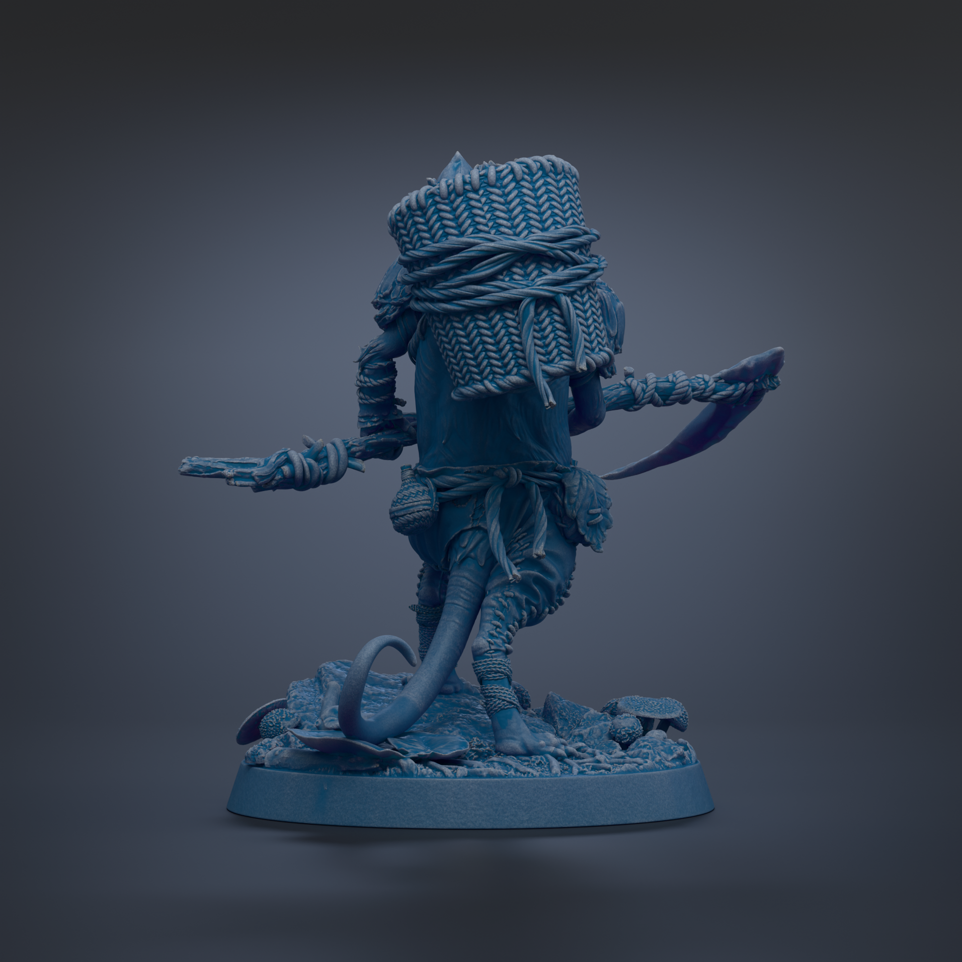 A blue, 3D-rendered figurine of a fantastical creature with a large head, long tail, and various weapons, standing on a base.