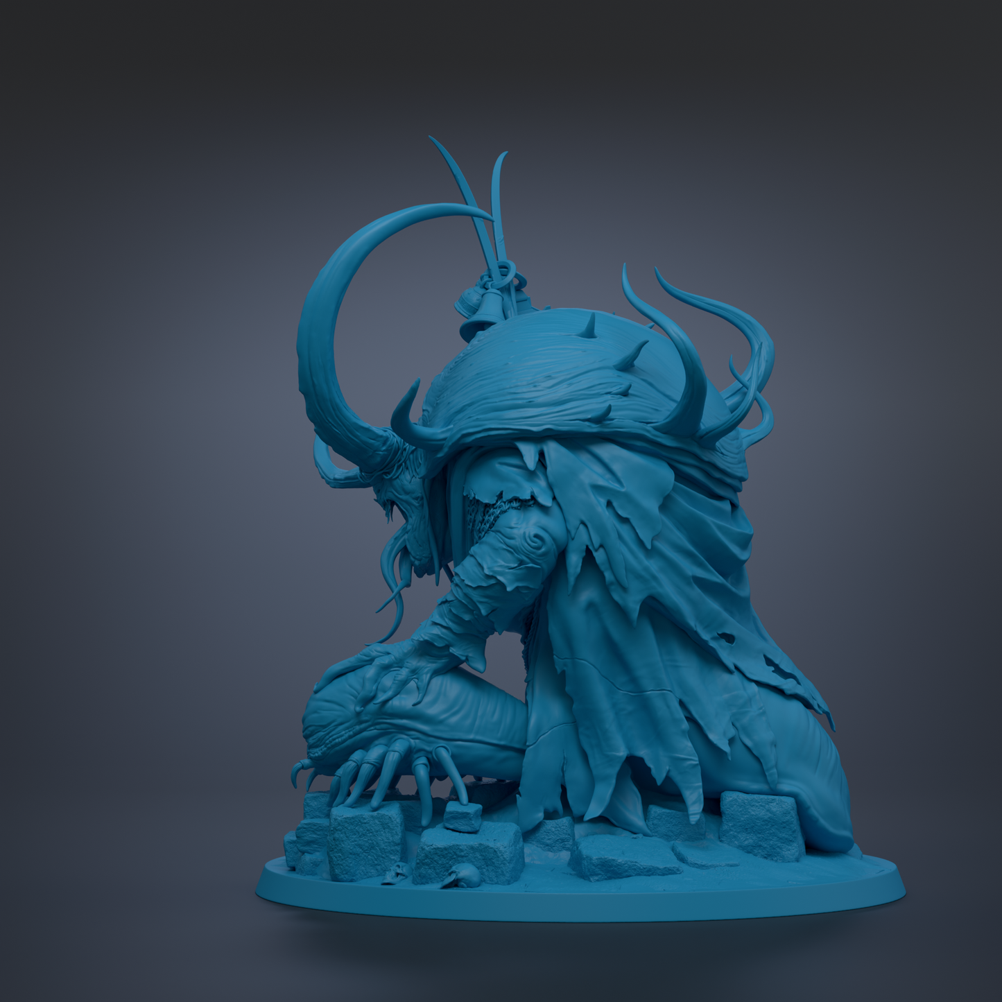 A 3D rendering of a fantastical creature with large, curved horns and a flowing, textured body, set against a dark background.