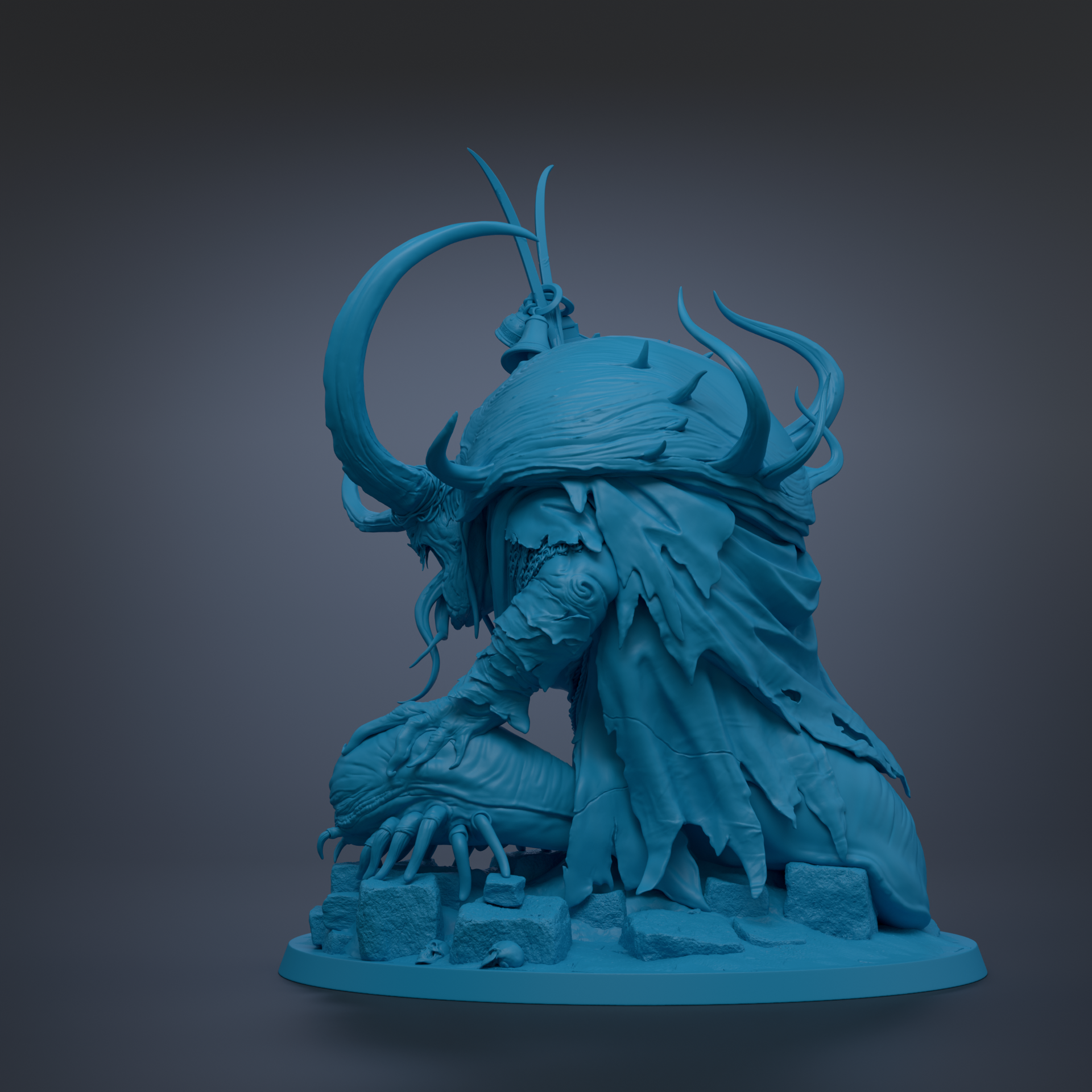 A 3D rendering of a fantastical creature with large, curved horns and a flowing, textured body, set against a dark background.