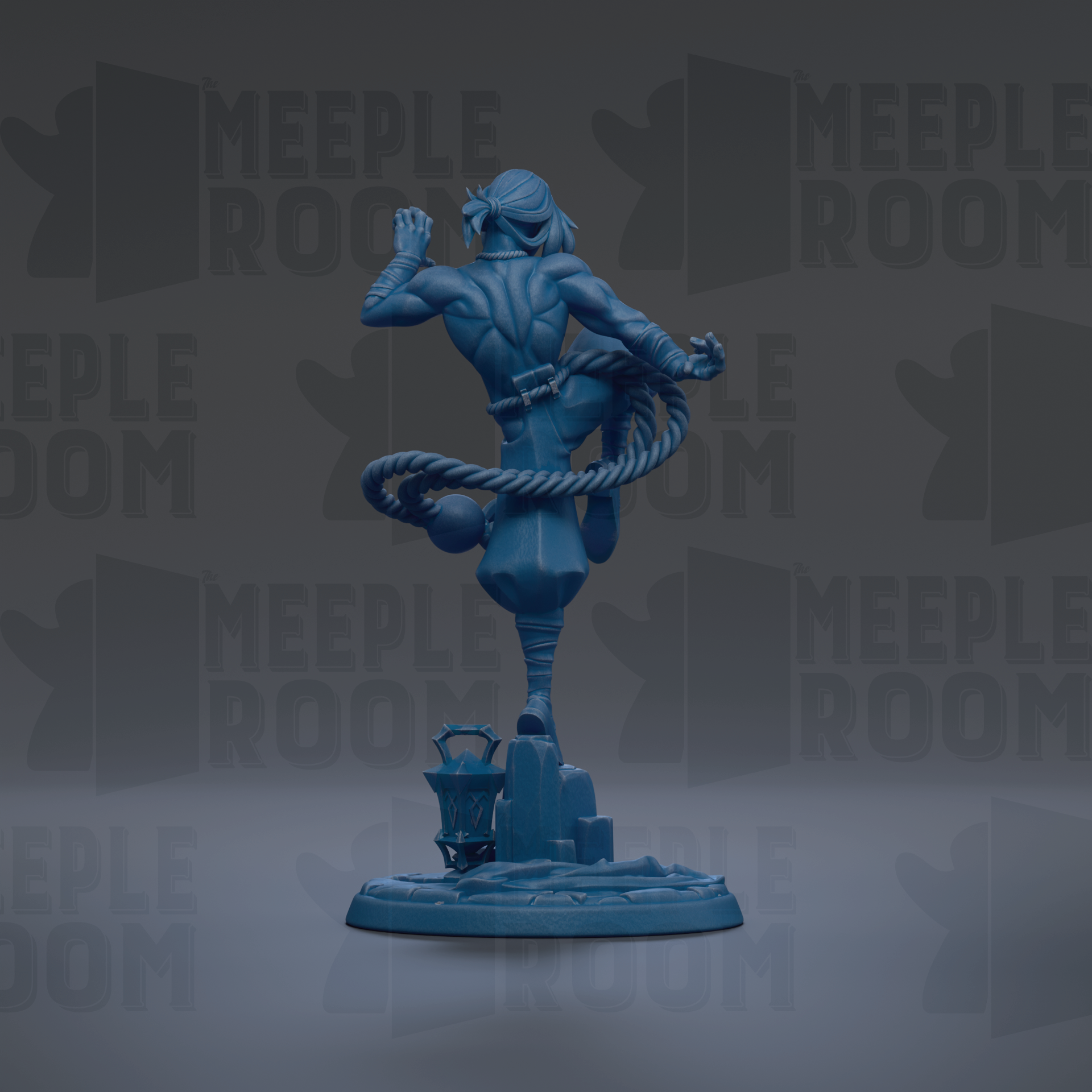 A blue statue of a person in a fighting stance, with a rope around their waist and a lantern in front of them, against a dark background with repeated text.